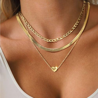 Layered Necklaces for Women,14k Gold Plated Dainty Necklace Stack Set Non Tarnish Adjustable Silver Stainless Steel CZ Heart Circle Pendant Paperclip Choker Herringbone Snake Chain Jewelry - style: Heart Layered Necklace