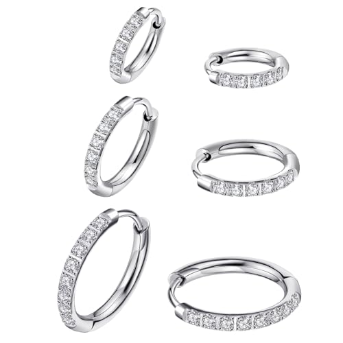 316L Surgical Steel Huggie Hoop Earrings | Dainty Pave Cubic Zirconia Cartilage Tiny Earring for Sensitive Ears Hypoallergenic Lightweight for Women Men - style: Silver,20G*8/10/12mm