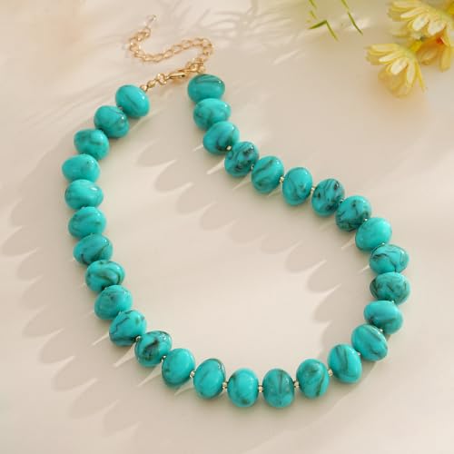 Colorful Chunky Beaded Necklaces for Women Multicolor Large Round Resin Beads Collar Necklace Boho Trendy Statement Chokers Y2K Summer Beach Jewelry - color: Turquoise-Oval