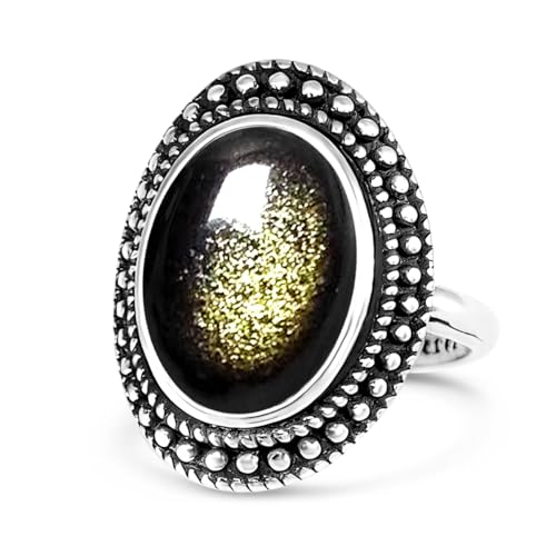 Retro Sterling Silver Stone Ring,Antique Natural Real Oval Crystal Quartz Gemstone Boho Bohemian Ring Jewelry for Women - color: A01_Black Obsidian