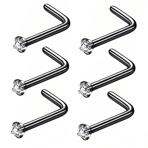 316L Surgical Steel 22g/20g/18g Nose Rings Studs L-Shape Nose Nostrial Piercing Body Jewerly L Shaped Nose Studs 1.5mm 2mm 2.5mm 3mm CZ Nose Screw Studs Rings for Women - style: 6pcs/L-shape/18g/1.5mm Clear CZ/Black