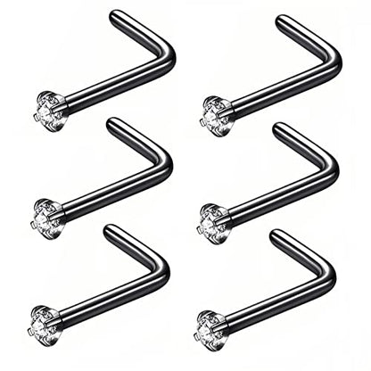316L Surgical Steel 22g/20g/18g Nose Rings Studs L-Shape Nose Nostrial Piercing Body Jewerly L Shaped Nose Studs 1.5mm 2mm 2.5mm 3mm CZ Nose Screw Studs Rings for Women - style: 6pcs/L-shape/18g/1.5mm Clear CZ/Black