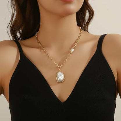Chunky Pearl Necklaces for Women Chunky Baroque Pearl Beaded Gold Chain Link Pearls Pendant Necklace White Pearls Necklace Valentine's Day Jewelry Gifts Party Prom Birthday Outfits Accessorie - style: Gold Chain, Pearl Pendant