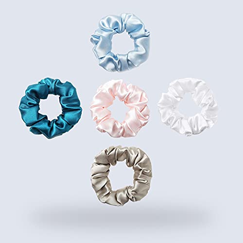 ZIMASILK 100% Pure Mulberry Silk Hair Scrunchies for Women | No Damage - Gentle Elastic Hair Ties for Ponytail Holder - Hair Accessories (5 Pack) - color: Light Blue, Turquoise, Pink, White, Taupe (5pcs)