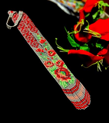 Long Beaded Necklace – Boho Native Handmade Seed Bead Tassel Necklace, Bohemian Large Statement Beaded Necklace for Women - color: Red Grey-Mix
