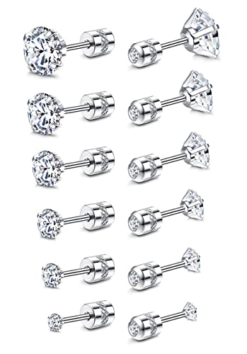 Fansilver 20G Hypoallergenic Flat Back Earrings for Women Men Silver 14K Gold Stainless Steel Stud Earrings Birthstone Cubic Zirconia Studs Surgical Steel Cartilage Earrings for Sensitive Ears - color: White