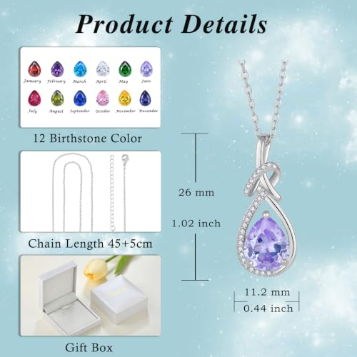 Infinity Teardrop Necklace Silver Tone Pendant Birthstone Jewelry for Women - color: Light Lavender