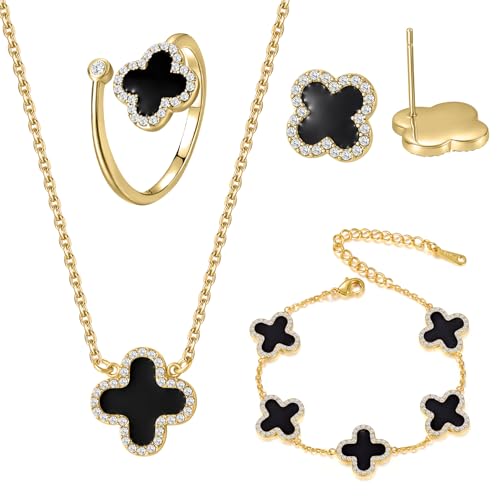 Qitian Clover Bracelet for Women 18K Gold Four Leaf Pink Lucky Link Clover Bracelets, Trendy Bracelets Set Jewelry Gifts for Women - color: K-Black Set