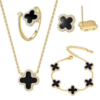 Qitian Clover Bracelet for Women 18K Gold Four Leaf Pink Lucky Link Clover Bracelets, Trendy Bracelets Set Jewelry Gifts for Women - color: K-Black Set
