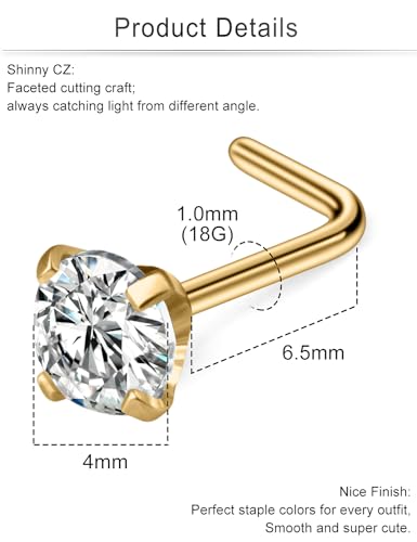 Cisyozi 18G Nose Rings Studs Hypoallergenic Nose Piercings 316L Surgical Steel Silver Nose Rings Set L Shaped Nose Nostril Piercing Jewelry for Women Men Diamond CZ 1.5mm 2mm 2.5mm 3mm 3.5mm 4mm - color: 18G - Gold- CZ 4mm