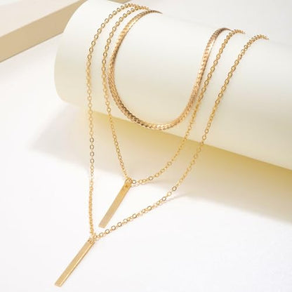 Layered Vertical Bar Choker Necklace for Women Men Gold Silver Plated Dainty Simple Multilayer Thin Flat Stick Geometric Adjustable Long Chain Necklace for Minimalist Birthday Holiday Fashion Jewelry