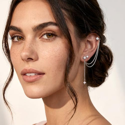 SLUYNZ 925 Sterling Silver Fashion Star Cuff Earring Chain for Women Star Crawler Earring Wrap Earrings - color: Pair-C-Silver