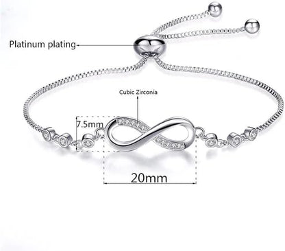 Nilu's Collection Infinity Shape Cubic Zirconia Diamond Bracelet for Women, Jewelry for Gift, Adjustable Charm Bracelet (Rose Gold Necklace + Bracelet) - color: Silver