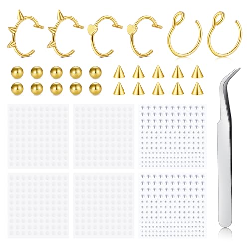 Longita Fake Lip Ring and Nose Piercing Set - Ball Spike, Hoop, Stud, Stick-on Bridge and Eyebrow Ring - Silver, Gold, Black - color: 3-gold
