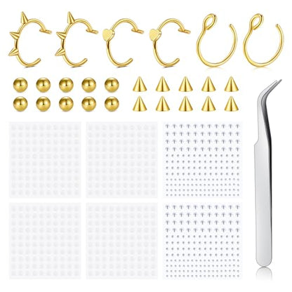 Longita Fake Lip Ring and Nose Piercing Set - Ball Spike, Hoop, Stud, Stick-on Bridge and Eyebrow Ring - Silver, Gold, Black - color: 3-gold