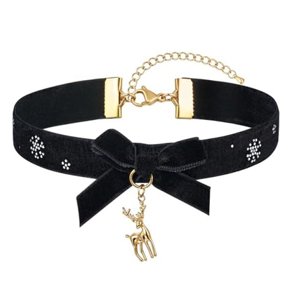FOSIR Velvet Choker for Slender Neck, 14k Gold Plated Sainless Steel Heart/Snowman/Deer/Hat/Tree/Bell/Pendant Collar Necklace for Women, Adjustable Soft Skin-Friendly Velvet Jewelry Gifts - color: Black Choker- Deer