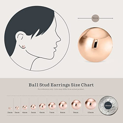 KEZEF 925 Sterling Silver Ball Stud Earrings for Women, 2mm to 10mm | Nine Bead Sizes, Three Finishes, Hypoallergenic Nickel Free Post, Butterfly Push Back, Sold As One Pair - color: Rose Gold, size: 9mm