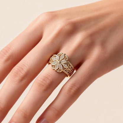 Floral Filigree Ring for Women Gold Chunky Flower Engraved Hollow Carved Vintage Classic Band Statement Rings Promise Engagement Wedding Jewelry Gift