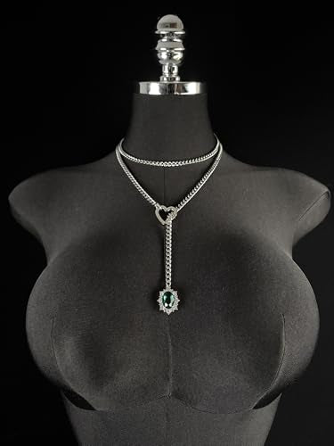 Women's Heart O-Ring Slip Chain Necklace, Double Layered Adjustable 39'' Cuban Chain with Detachable Heart Clasp and Colorful Rhinestone Pendant - color: 39'' Silver-Emerald Green
