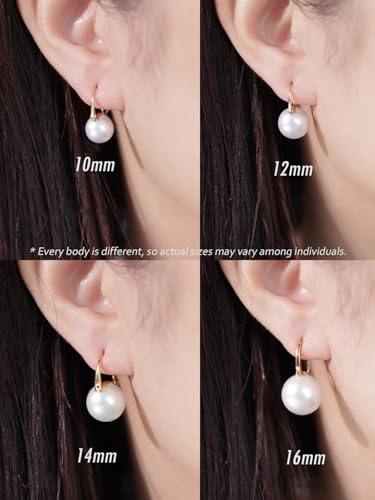 HUGE TOMATO 925 Sterling Silver Simulated Shell Pearl Earrings for Women Trendy, Big Pearl Drop Earrings Leverback Stud,18K Gold Plated Large Pearl Hoop Dangle Hypoallergenic Jewelry 14mm - color: White