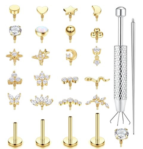 Flat Back Stud Earrings for Women Hypoallergenic Surgical Steel Internal Thread CZ Stud Piercing Jewelry for Tragus Helix Conch Cartilage 14K Gold/Silver Plated Nose Lip Labret Medusa Piercing 16G 18G - color: Gold Plated, size: 18g=1.0mm