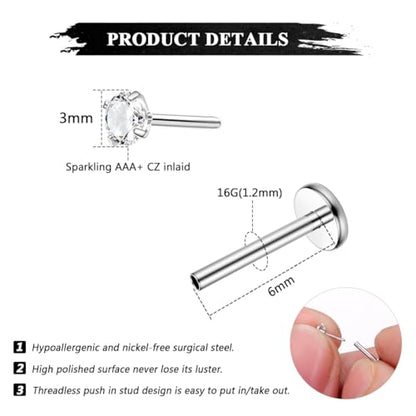 Besteel 28Pcs Threadless Nose Rings Studs Set Surgical Steel Lip Nostril Labret Medusa Piercing Jewelry Push in Tragus Conch Helix Flat Back Earrings for Women Men 16G 18G 20G 6/8mm - style: 16G-6MM