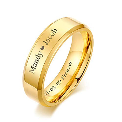 VNOX Customize Personalized Name Date Stainless Steel Simple Polished Finish Wedding Band Engagement Rings for Men Women,Size 6 - color: 6MM-Gold Plated-Customize