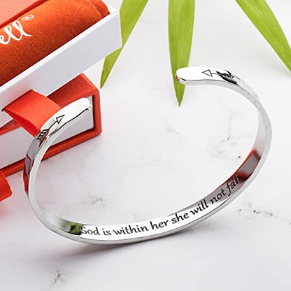 Bracelet - Gifts for Women – Inspirational, Friendships, Love, Mom, Daughters, Sisters, Christian, Graduations, Memorials & Wedding Gifts – 100+ Phrases – Stainless Steel, Gift Ready - color: CHRISTIAN GIFT - God is within her, she will not fall.