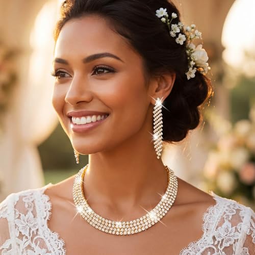 Rhinestone Bridal Wedding Jewelry Sets Silver Choker Necklace Earrings Set Prom Formal Costume Jewelry Set for Women and Brides - color: Gold