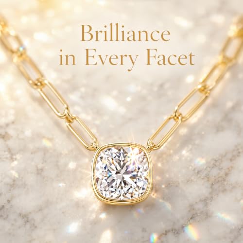 14K Gold Plated Paperclip Chain Necklace, 5A Cubic Zirconia Solitaire Pendant Necklace for Women - color: Cushion Bezel