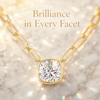 14K Gold Plated Paperclip Chain Necklace, 5A Cubic Zirconia Solitaire Pendant Necklace for Women - color: Cushion Bezel