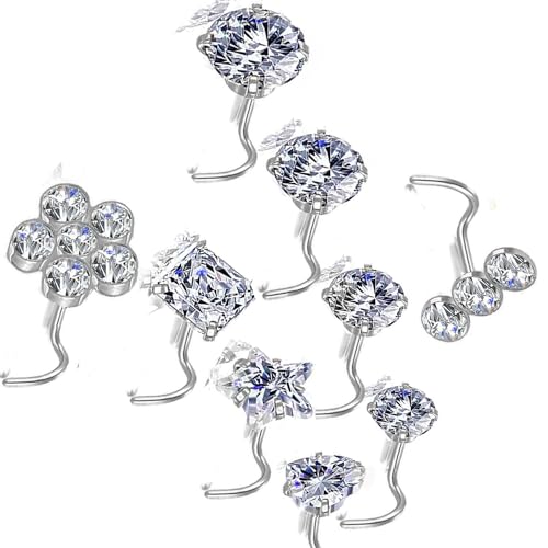 Nose Rings & Studs - 18g, 20g, 22g 14K Gold Bone Nose Studs for Women in Titanium Steel - color: 20g 9pcs Silver Screw Shaped 316L Surgical Steel