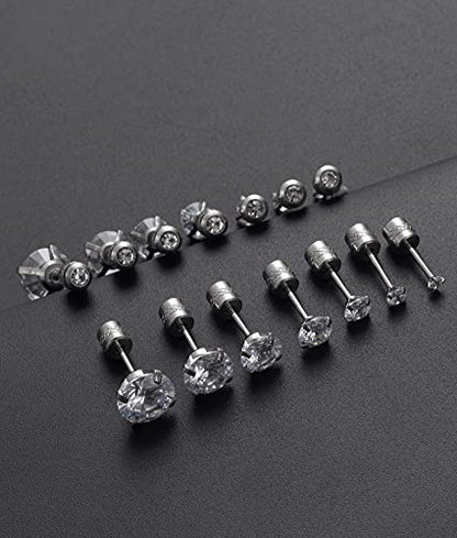 7 Pairs 18G 20G Stainless Steel Stud Earrings Round Cubic Zirconia Barbell Earring Set For Men Women 2MM-8MM Silver Tone - style: G:7 Pairs, Double Round CZ, 20G