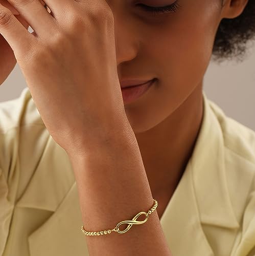 Charmsy 925 Sterling Silver Sliding Bolo Bracelet for Women | Women's Italian Handmade Adjustable Bolo Bead Ball Slider Bracelet - style: Yellow-Gold Infinity Beaded Bolo