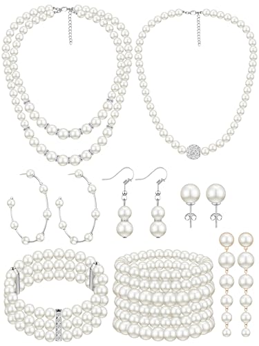 BBTO 8 Pcs Pearl Necklace and Earring Set for Women Faux Pearl Bracelet Costume Jewelry Set for Wedding Bridal Shower Party - style: Retro Style