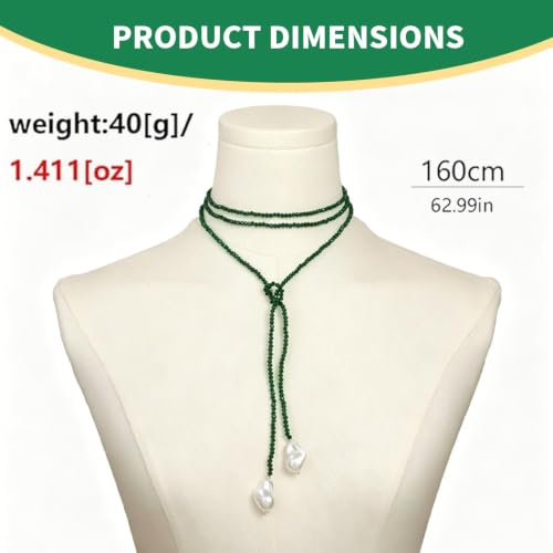 1 Piece Wrap Around Necklace Long Emerald Beaded Slip Tie Adjustable Black Beads Choker Baroque Y Shaped Long Pearl Drop Lariat Necklace for Women
