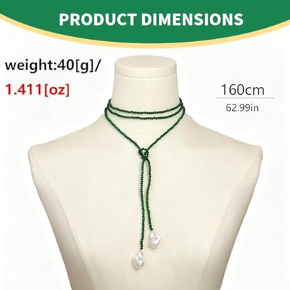1 Piece Wrap Around Necklace Long Emerald Beaded Slip Tie Adjustable Black Beads Choker Baroque Y Shaped Long Pearl Drop Lariat Necklace for Women
