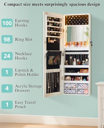 LUXFURNI Wall & Door‑Mounted Storage Jewelry Armoire Cabinet with Mirror | Built‑in LED Mirror, Acrylic Lipstick Tray, 4 Clear Drawers, Large Velvet‑Lined Storage, Full Length Mirror Lockable - style: Square Shaped White