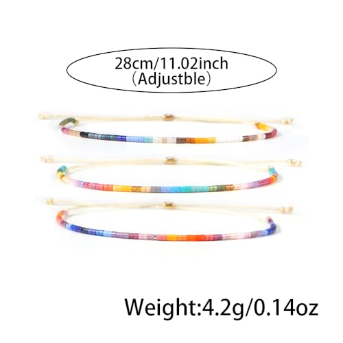 Seed Beaded String Rope Adjustable Bracelets Set for Women Men, Small Colorful Boho Rice 3Pcs Stack Handmade Thin Jewelry, Daily Beach Vacation Friendship Gift - color: Green Blue C