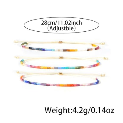 Seed Beaded String Rope Adjustable Bracelets Set for Women Men, Small Colorful Boho Rice 3Pcs Stack Handmade Thin Jewelry, Daily Beach Vacation Friendship Gift - color: Blue Colorful B
