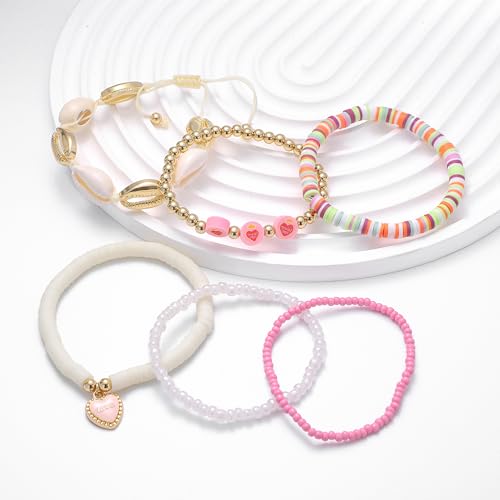 Summer Surfer Heishi Bracelet Set for Women Stackable Gold Plated Clay Ploymer Bead Stretch Pink Beach Layering Bracelets Jewelry - color: A-Pink 3 heart 6pcs