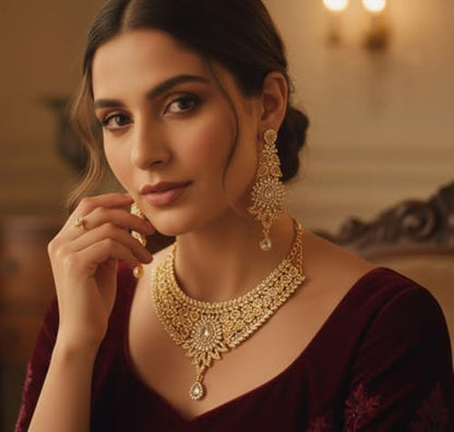 Touchstone Indian jewelry sets for women tikka wedding necklace costume guest statement bollywood rhinestones crystal faux pearls gold big royal neck piece set bridal fashion accessories - color: D313 Gold 2