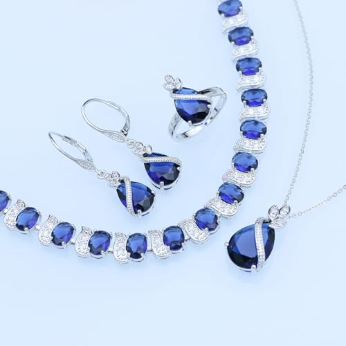 GZWHD Jewelry Set for Women CZ Earrings Necklace Ring Bracelet Set Prom Party Wedding Jewelry Gift for Mother Friend Wife - color: A-Blue