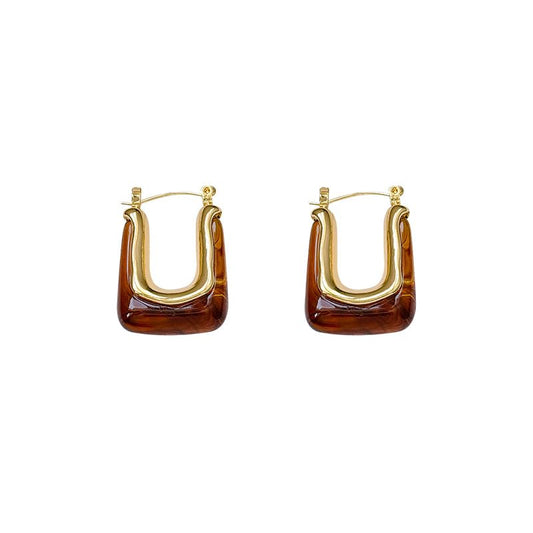 Chunky Resin U Hoop Earrings For Women Geometric Acrylic Statement Huggie Hoops Lightweight Gold Tone Retro Jewelry Multiple Colors - color: Brown