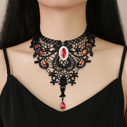 Lace Choker Witch Necklace for Women Halloween Gothic Lace Collar Punk Rhinestone Gothic Necklace Prom Jewelry Halloween Vampire Choker Necklace Costume Emo Witch Accessories - color: Silver Rhinestones