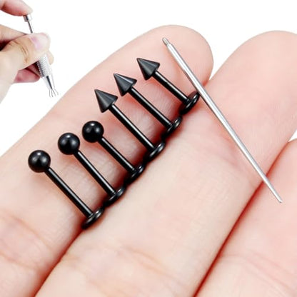 Internally Threaded Labret Studs 18G 16G 14G Surgical Steel Lip Piercing Jewelry with Claw Tool Monroe Snake Bite Jewelry Flat Back Barbell for Women Men Plus Piercing Ball Grabber Tool - color: black, size: 18g,ball+spike end