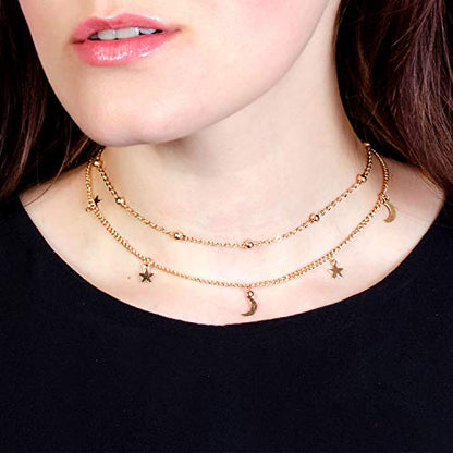 BaubleStar Star Moon Charm Necklace Layering Chain Choker for Women - color: Titanium Steel/Rose Gold