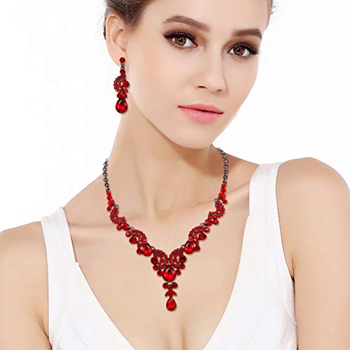 EVER FAITH Rhinestone Crystal Bridal Floral Wave Teardrop Necklace Earrings Set - color: 2pcs_Red Black-Tone