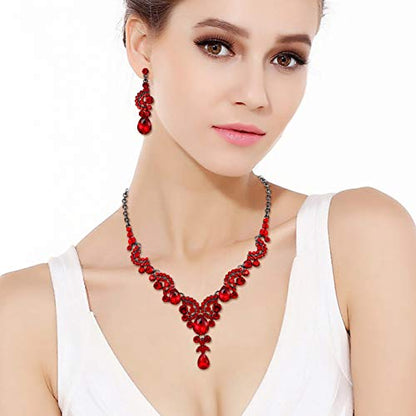 EVER FAITH Rhinestone Crystal Bridal Floral Wave Teardrop Necklace Earrings Set - color: 2pcs_Red Black-Tone