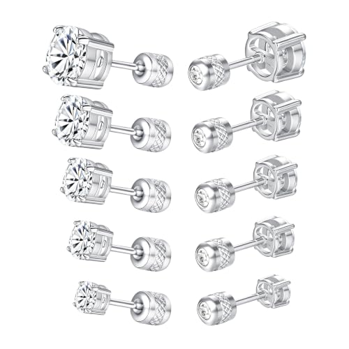 5 Pairs Screw Back Stud Earrings Set, Cubic Zirconia Stud Earring for Women Men Hypoallergenic 316L Surgical Stainless Steel Round Cut CZ 3-7mm - color: White Gold Plated